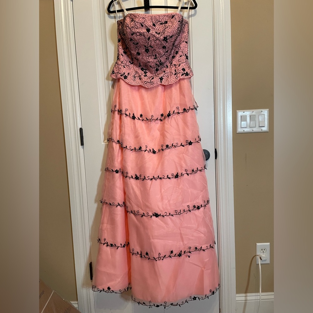 GLAM GURLZ  14  Pink Chiffon Black Floral Dress strapless Ballgown Costume